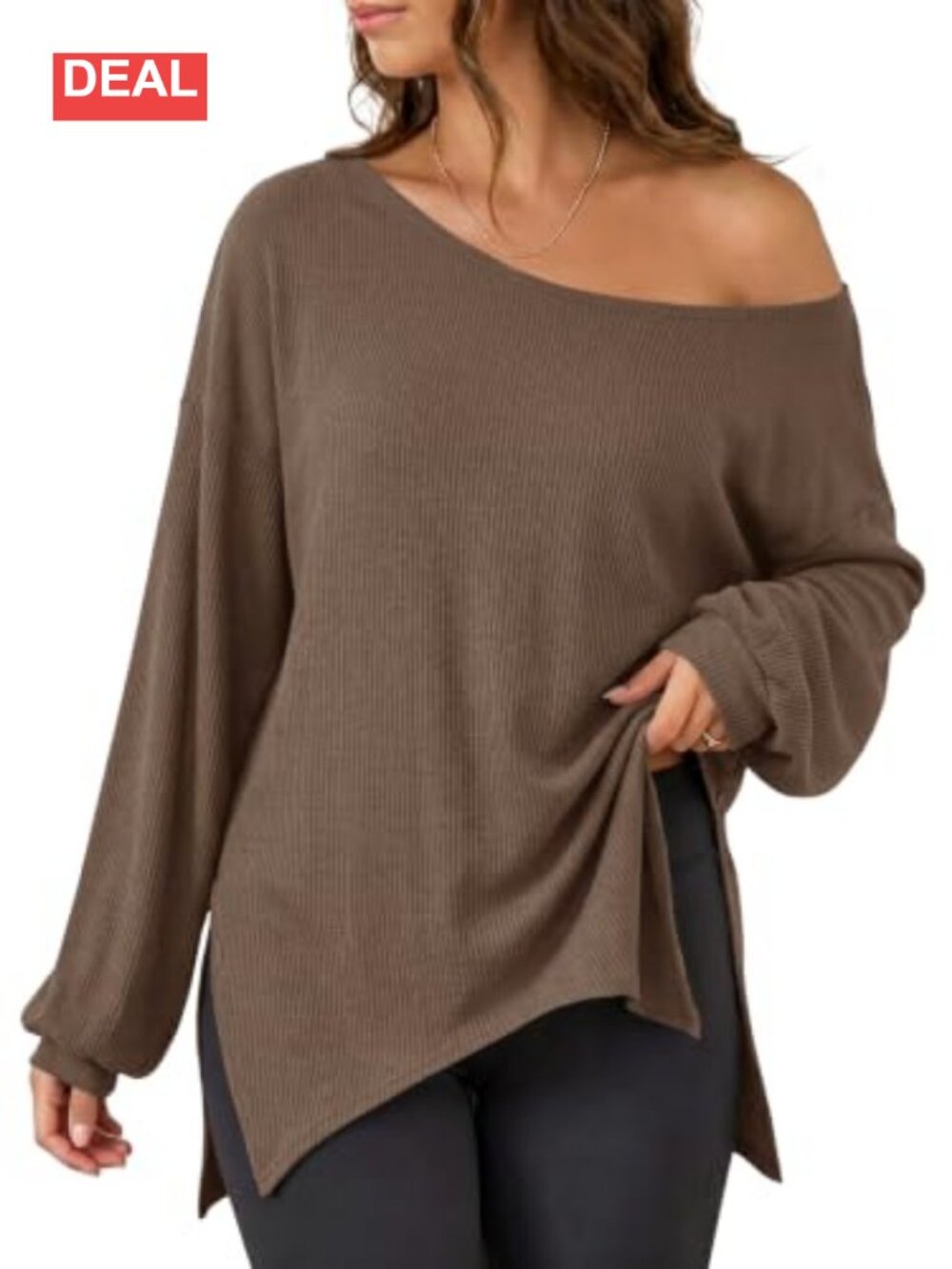 Womens Off Shoulder Ribbed Knit Oversized Sweatshirt Side Slit Tunic